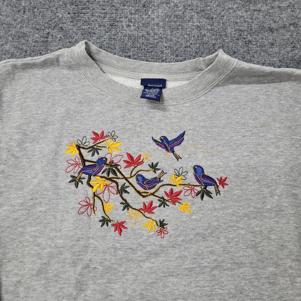 Basic Editions Sweatshirt Womens Size Large Gray Embroidered Bird Floral Crew